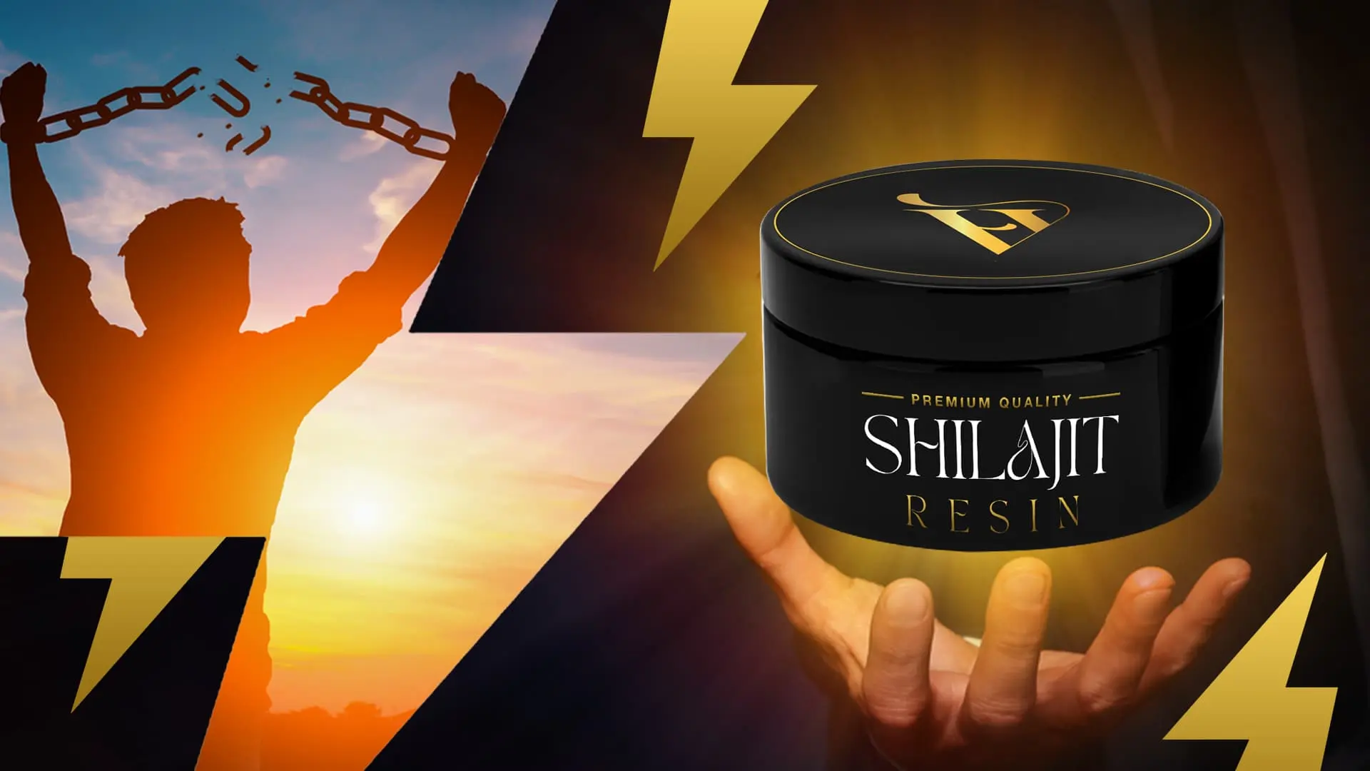 Premium quality Shilajit resin with a silhouette of a man breaking free from chains, symbolizing strength, energy, and testosterone boost.